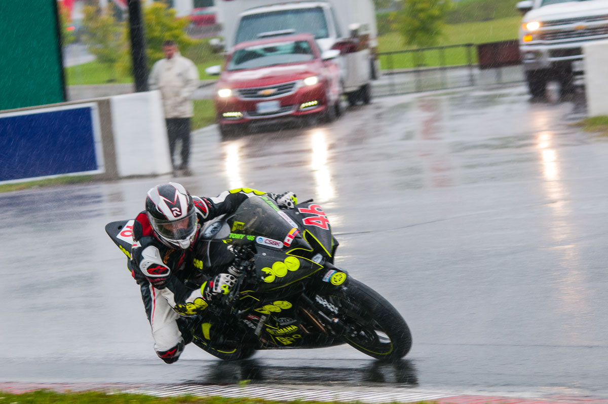 Tomas Casas in the rain and gloom at Mosport, CSBK, 2014