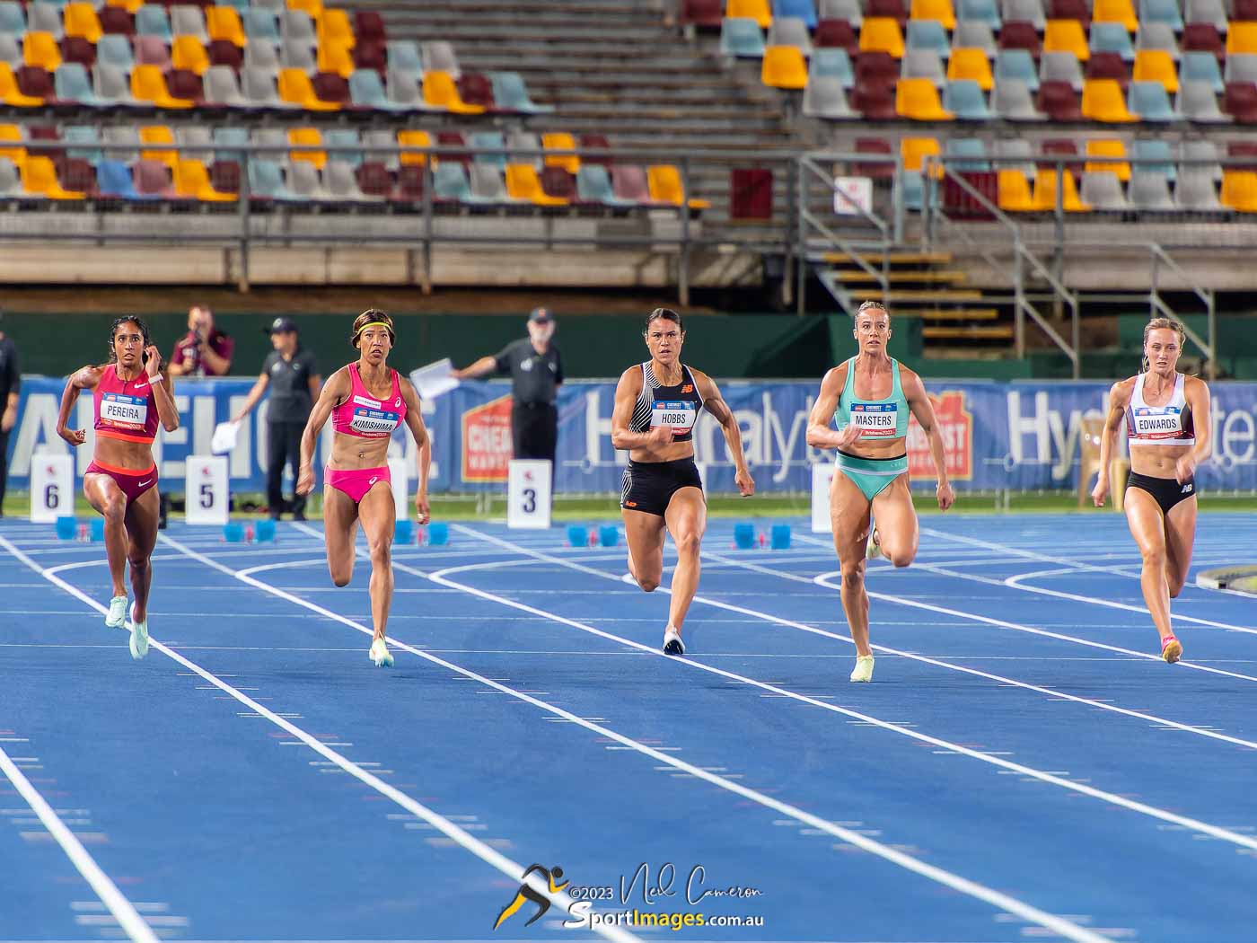 Veronica Shanti Pereira, Arisa Kimishima, Zoe Hobbs, Bree Masters, Kristie Edwards, Women's 100m A Race