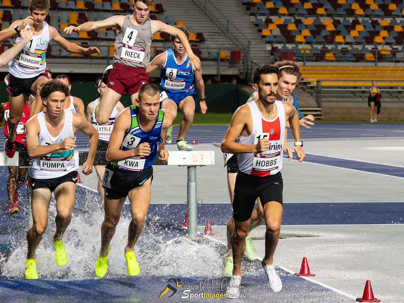 AIdan Hobbs leads the Men Open & Under 20 3000m Steeplechase