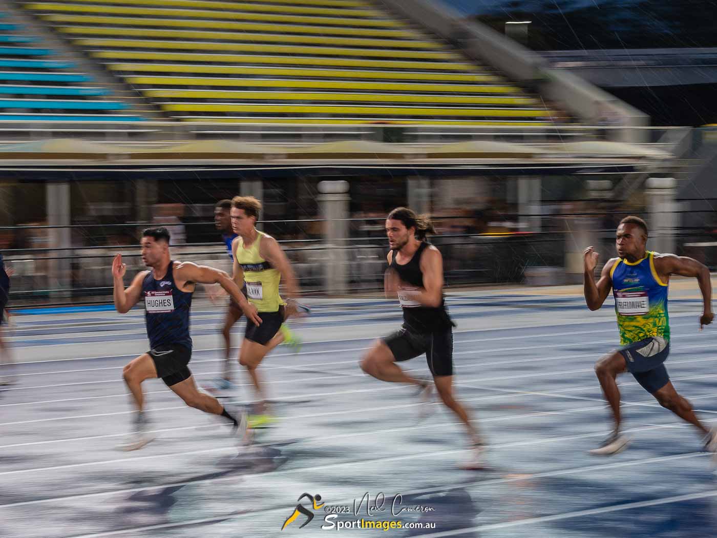 Lance Hughes, Kaleb Clark, Dante Falzarano, Anthony Ririmae, Heat 6, Men Open 100m