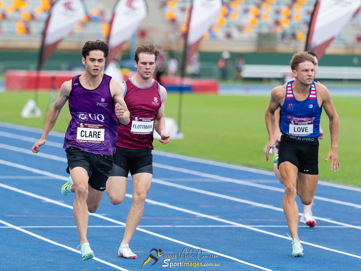 Andrew Clare, Jonty Flotmann, Joshua Love, Men 100 Metre Open, Heat 2 Semi-Finals
